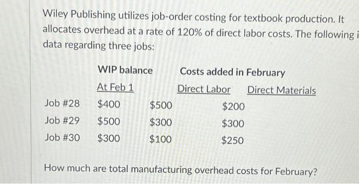 Wiley Publishing utilizes job-order costing for textbook production. It allocates overhead
