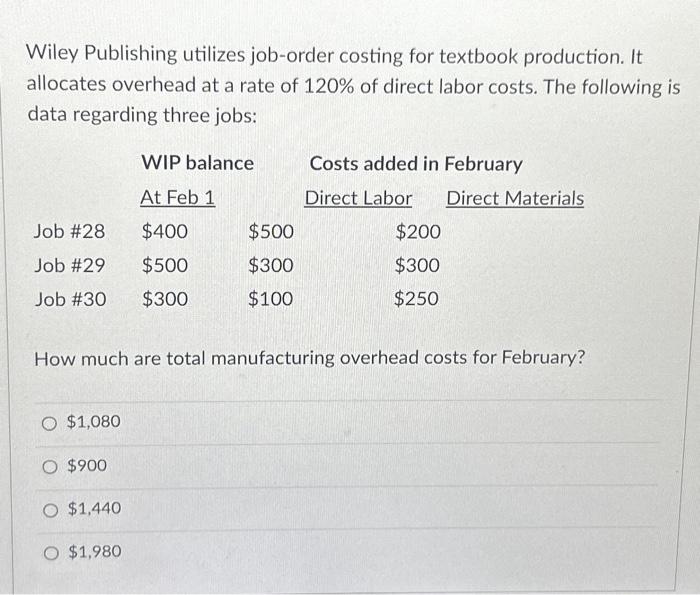 at a rate of 120% of direct labor costs. The following i