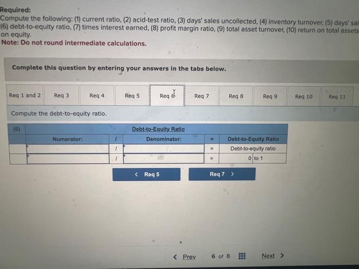 ratio, (2) acid-test ratio, (3) days' sales uncollected, (4) inventory turnover, (5)