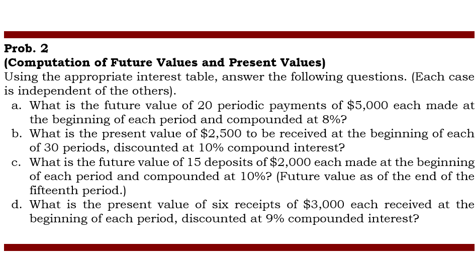  Prob. 2 (Computation of Future Values and Present Values) Using the