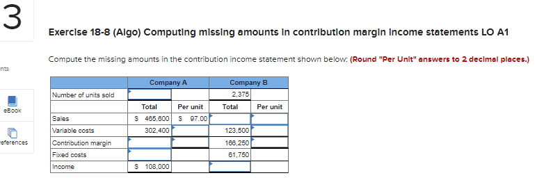  Exerclse 18-8(Algo) Computing missing amounts In contribution margin Income statements LO