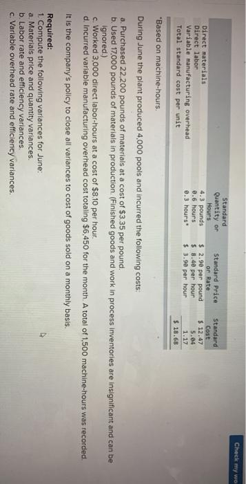  Check my wo Direct materials Direct labor Variable manufacturing overhead Total