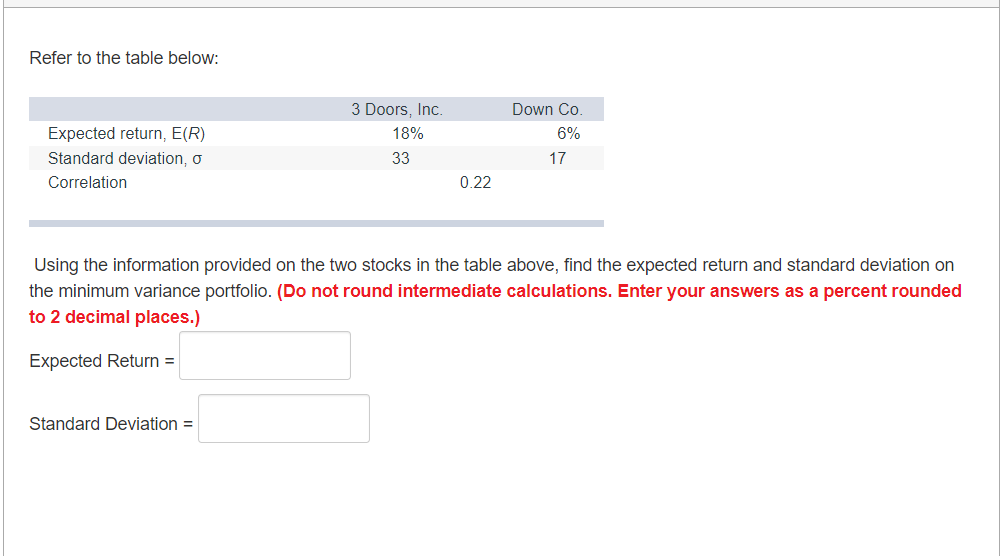  Refer to the table below: Using the information provided on the
