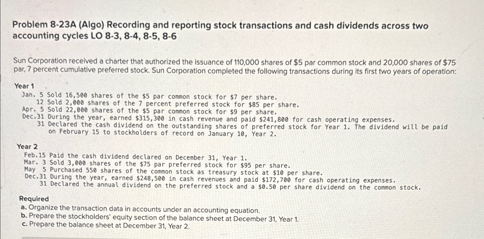  Problem 8-23A (Algo) Recording and reporting stock transactions and cash dividends