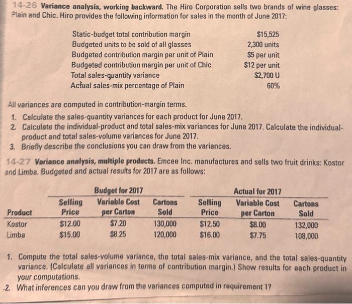  14-26 Variance analysis, working backward. The Hiro Corporation sells two brands