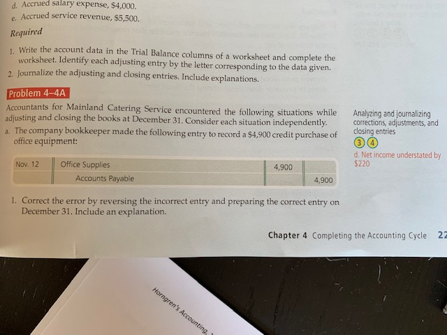 I need help solving this problem (Problem 4-4A) d. Accrued salary expense,