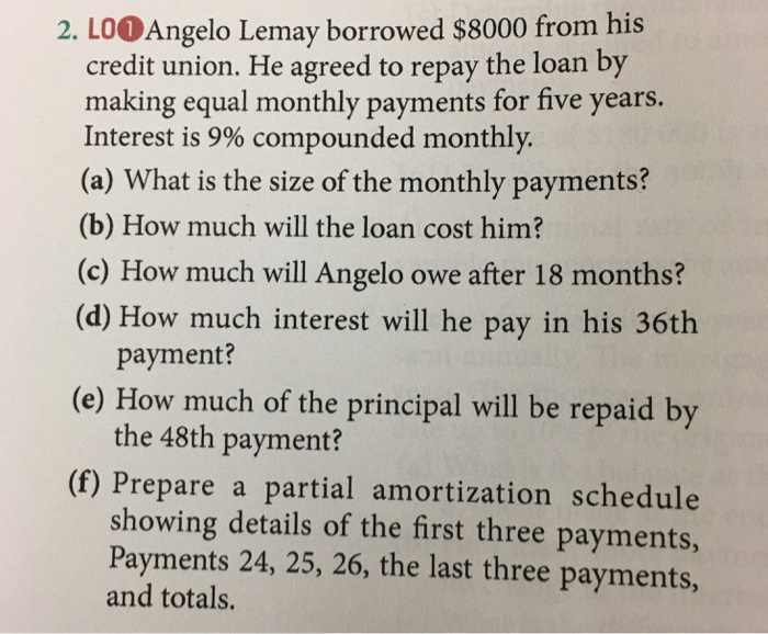  2. LOO Angelo Lemay borrowed $8000 from his credit union. He