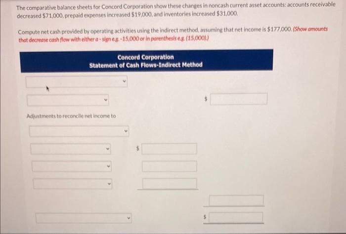  The comparative balance sheets for Concord Corporation show these changes in