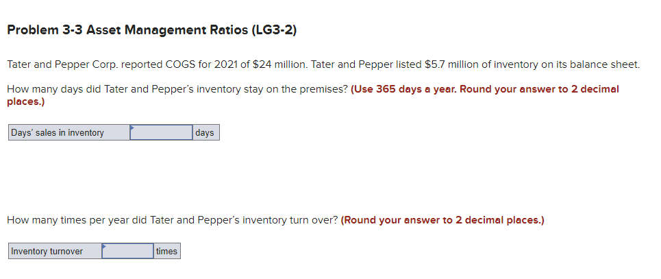  Problem 3-3 Asset Management Ratios (LG3-2) Tater and Pepper Corp. reported