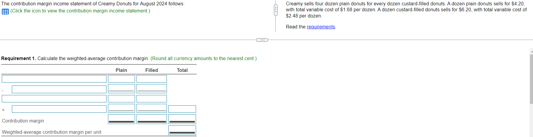 margin. 2. Determine Creamy's monthly breakeven point in dozens of plain donuts
