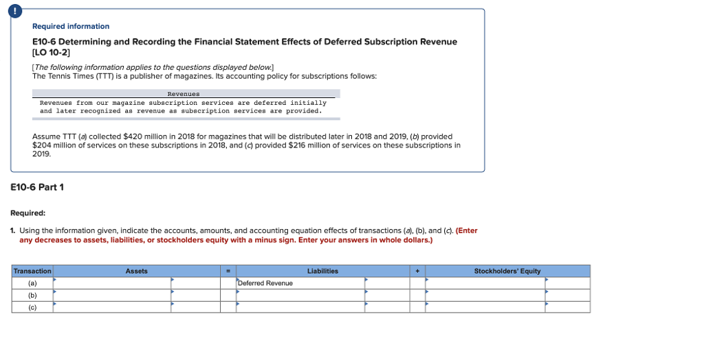  Required information E10-6 Determining and Recording the Financial Statement Effects of