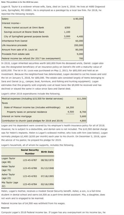  This problem is for the Logan Taylor is a widower whose