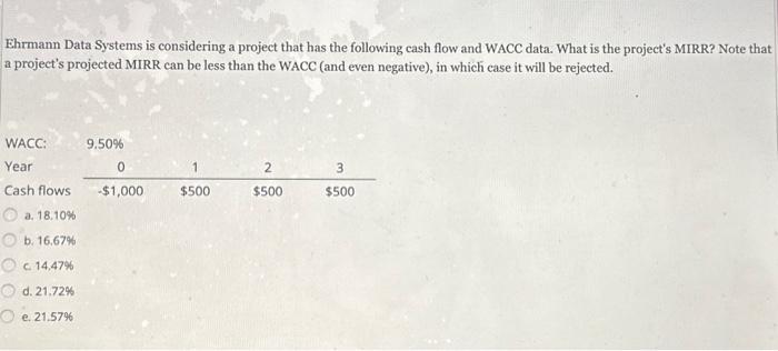  Ehrmann Data Systems is considering a project that has the following