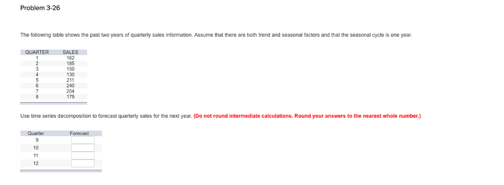 Problem 3-26 The following table shows the past two years of