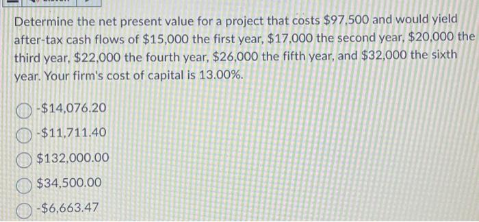  Determine the net present value for a project that costs $97,500