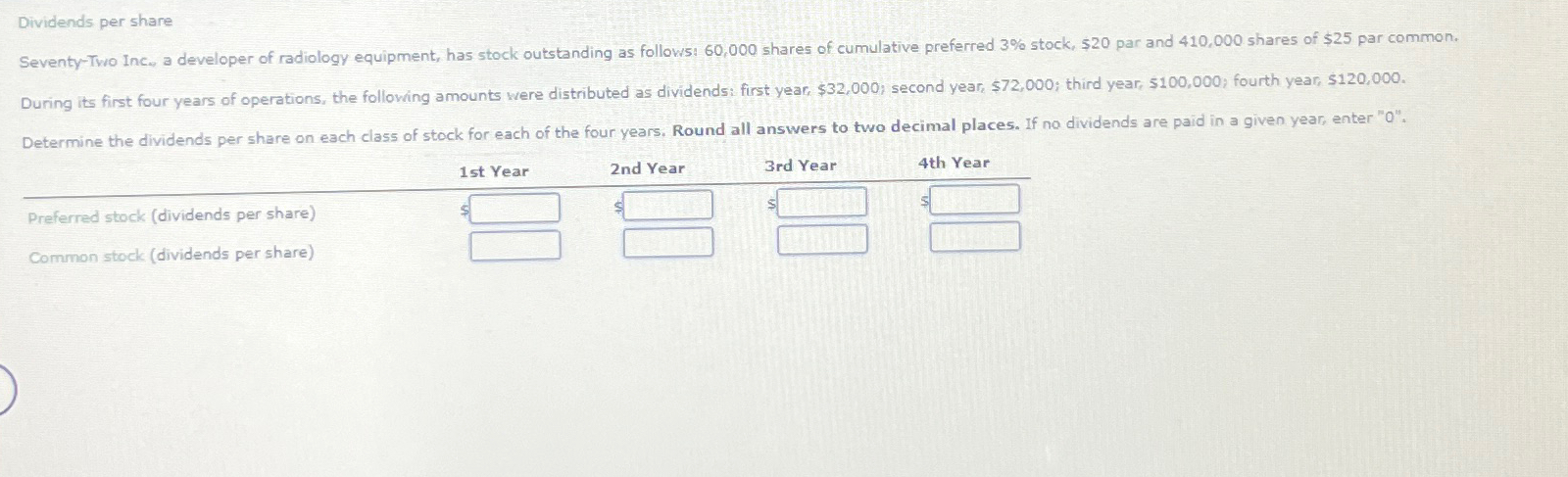  Dividends per share \table[[,1 st Year,2nd Year,3rd Year,4th Year],[Preferred stock (dividends