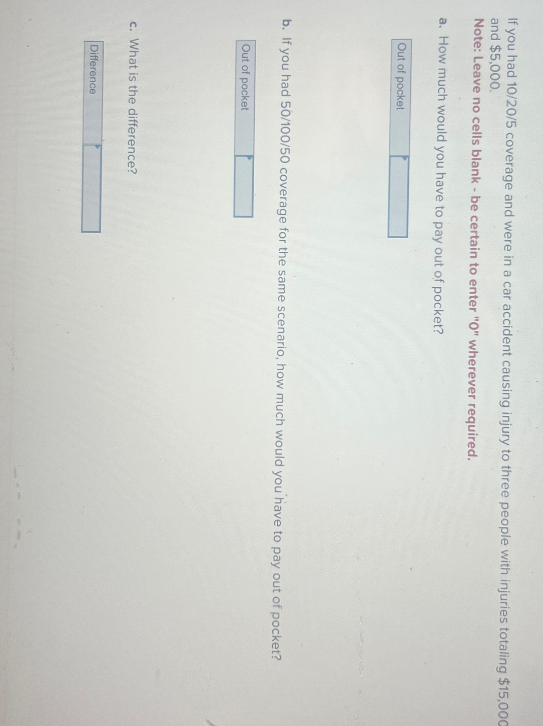  If you had 10/20/5 coverage and were in a car accident