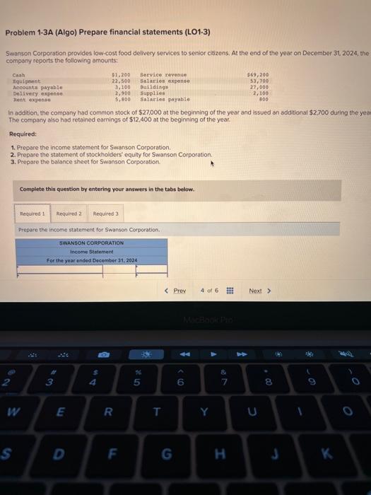 3 part question please answer Problem 1-3A (Algo) Prepare financial statements (LO1-3)