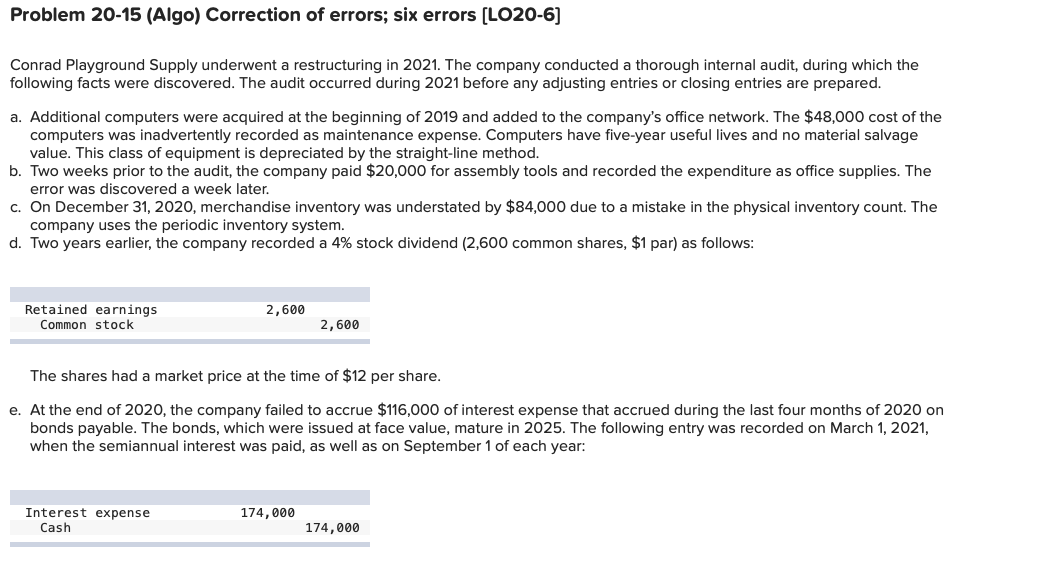 Problem 20-15 (Algo) Correction of errors; six errors (LO20-6) Conrad Playground