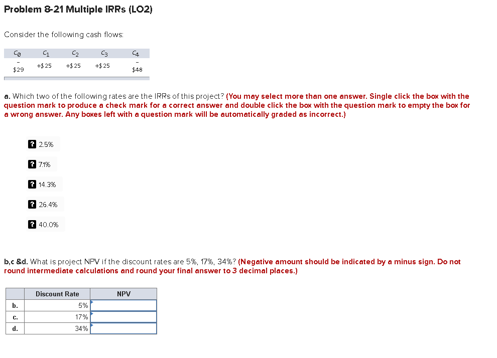  Problem 8-21 Multiple IRRS (LO2) Consider the following cash flows: co