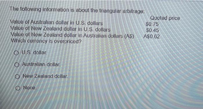 The following information is about the triangular arbitrage: U.S. dollar. Australian