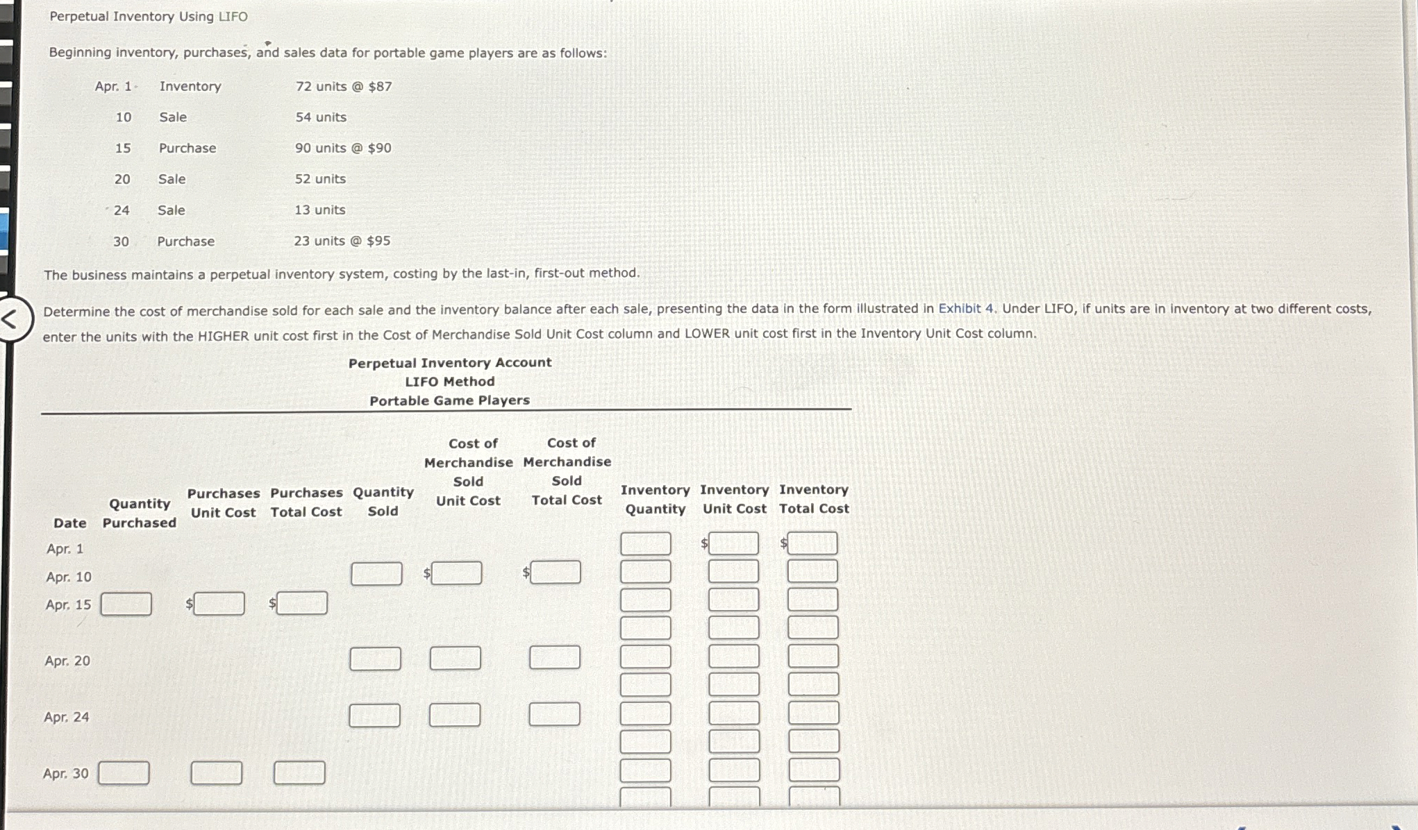  Perpetual Inventory Using LIFO Beginning inventory, purchases, and sales data for