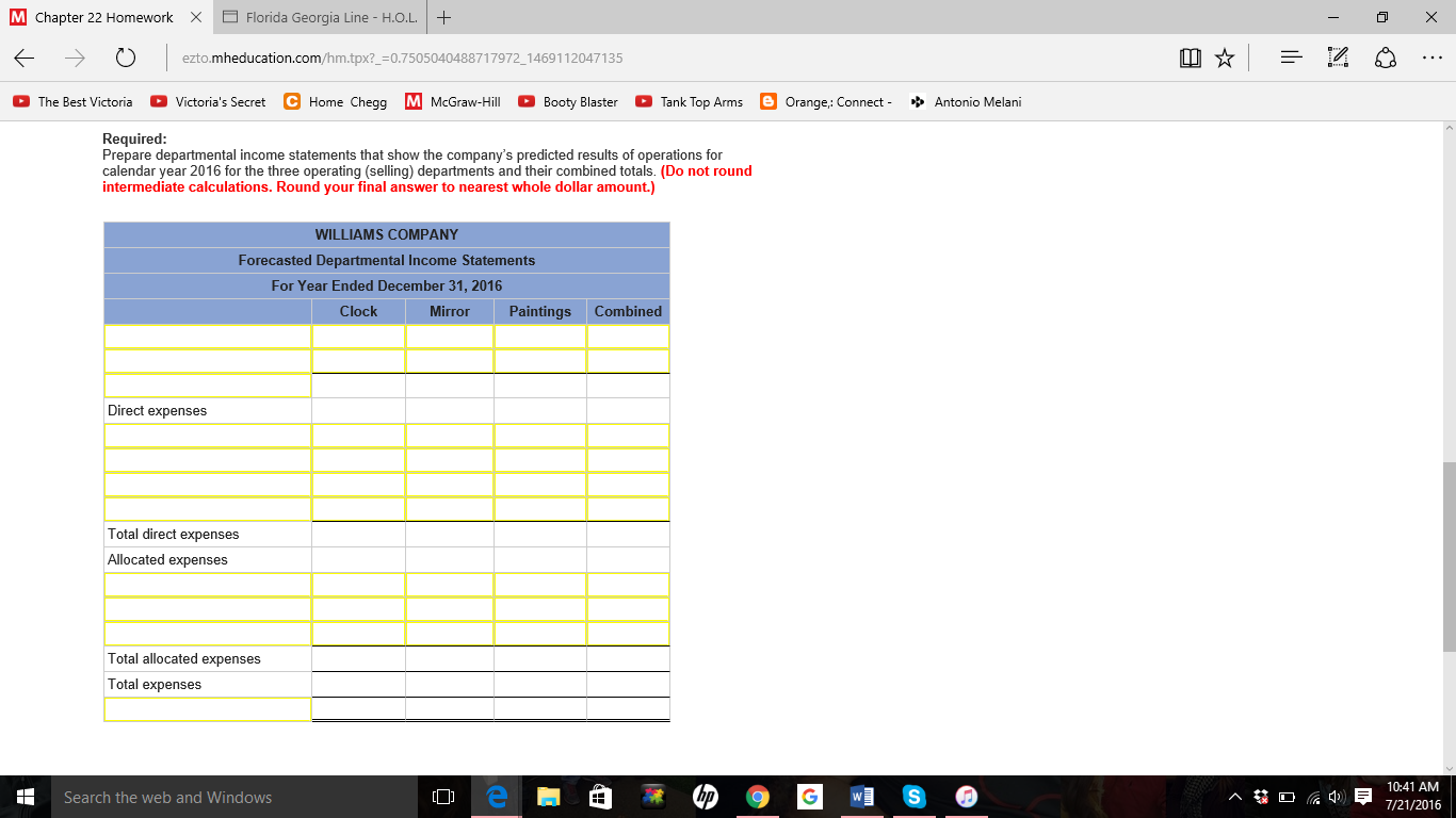  CHAPTER 22 PLEASE ANSWER ALL YELLOW SPACES Williams Company began operations