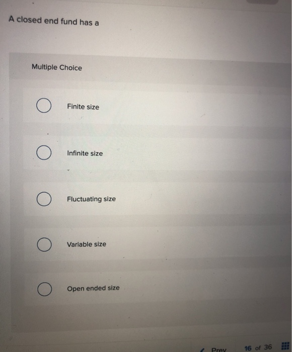  A closed end fund has a Multiple Choice Finite size Infinite