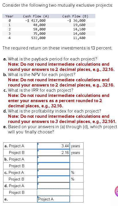  Consider the following two mutually exclusive projects: The required return on