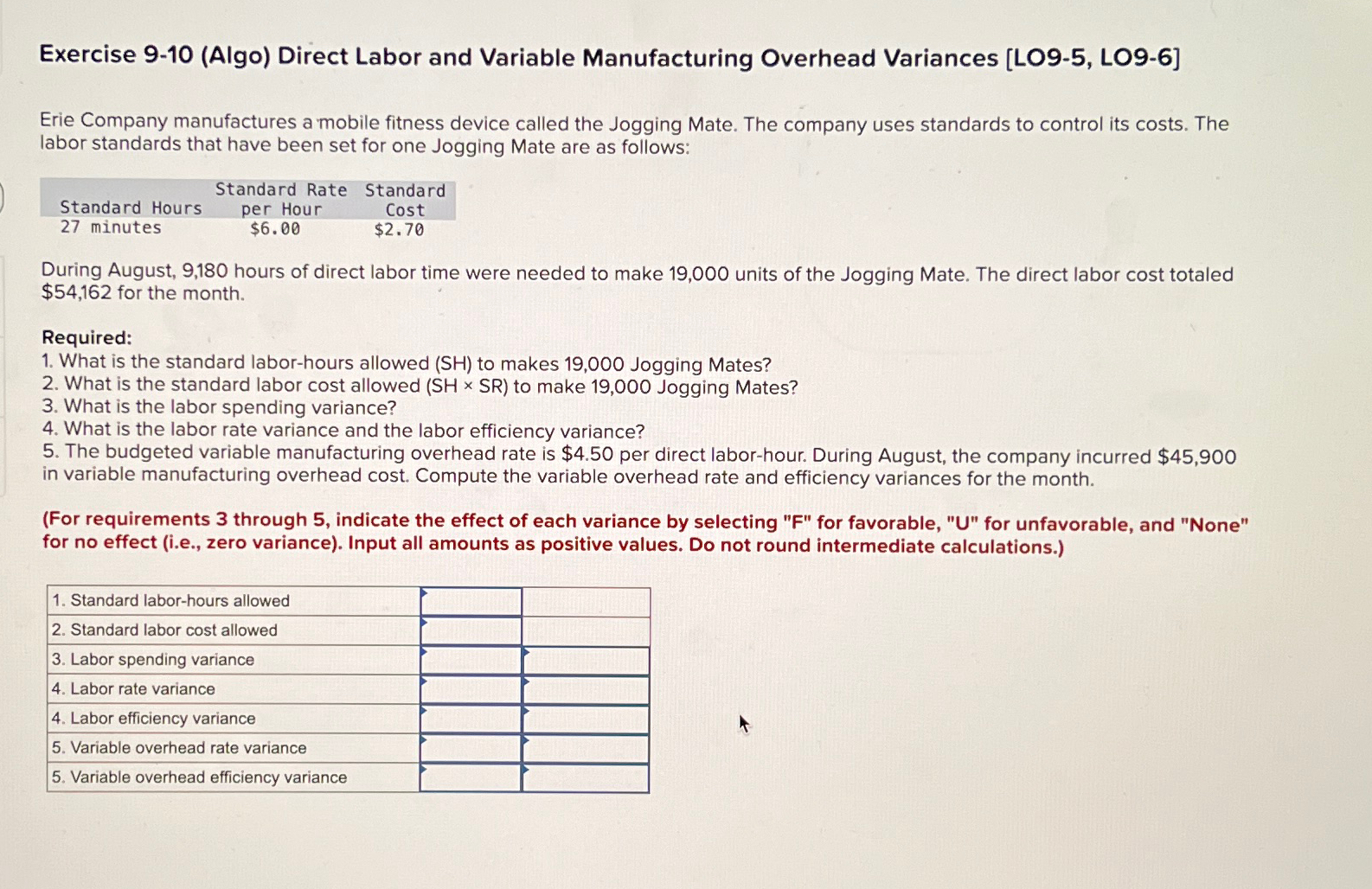  Exercise 9-10(Algo) Direct Labor and Variable Manufacturing Overhead Variances [L09-5, LO9-6]