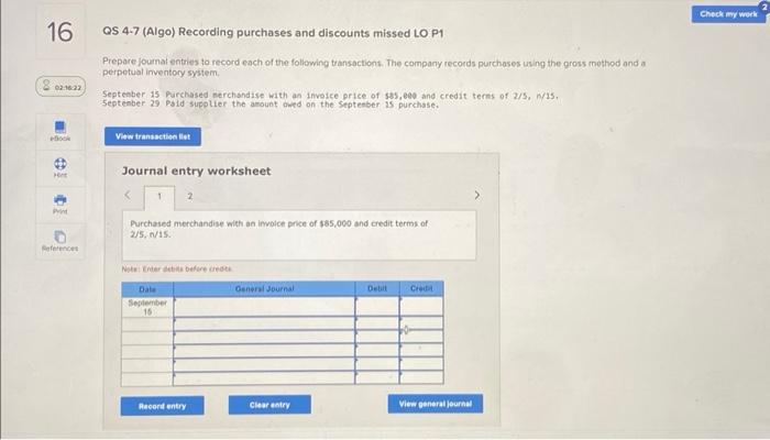 please help with these two journal entries!! QS 4.7 (Algo) Recording purchases