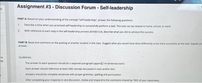  Assignment \#3 - Discussion Forum - Self-leadership PART A: Based on