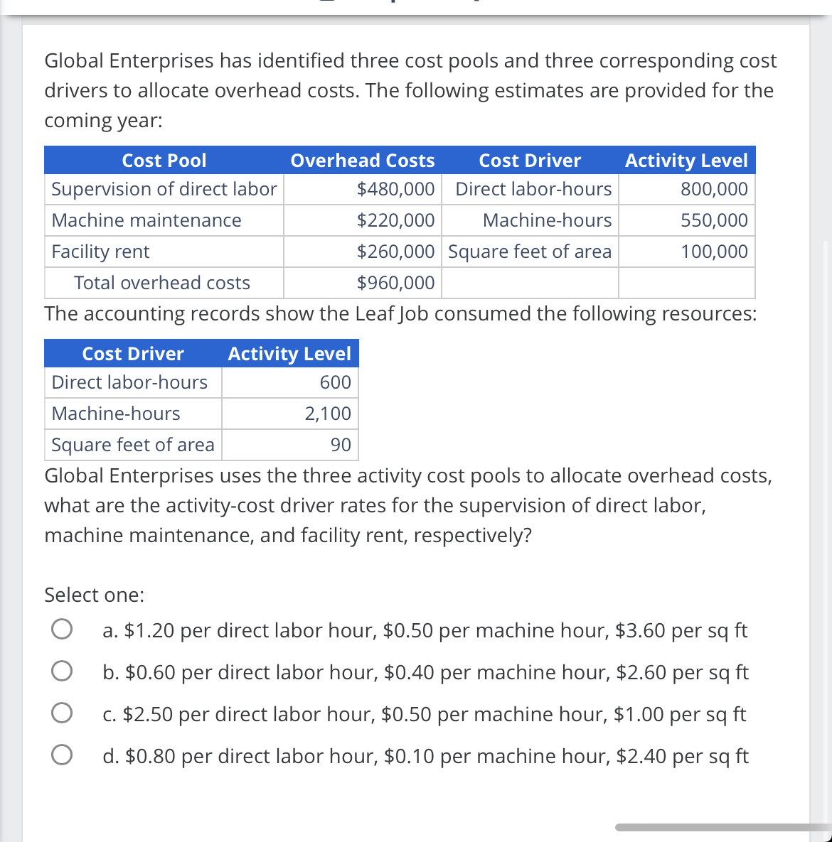  Global Enterprises has identified three cost pools and three corresponding cost
