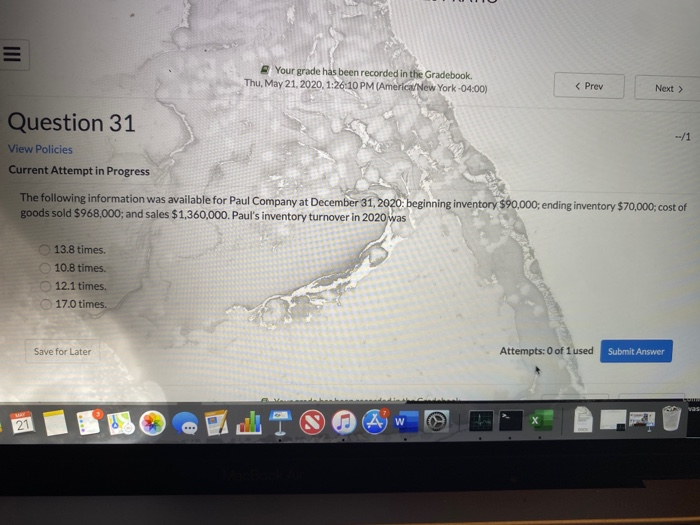 1.26:1. .80:1. Save for Later Question 36 View Policies Current Attempt in