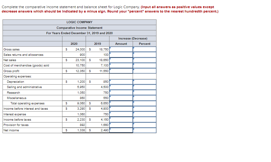 Complete the comparative income statement and balance sheet for Logic Company.
