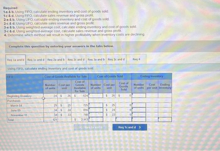  Required: 1-a \& b. Using FIFO, calculate ending inventory and cost