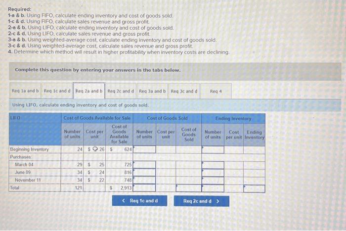 gross profit 20 \& b. Using LIFO, calculate ending inventory and cost