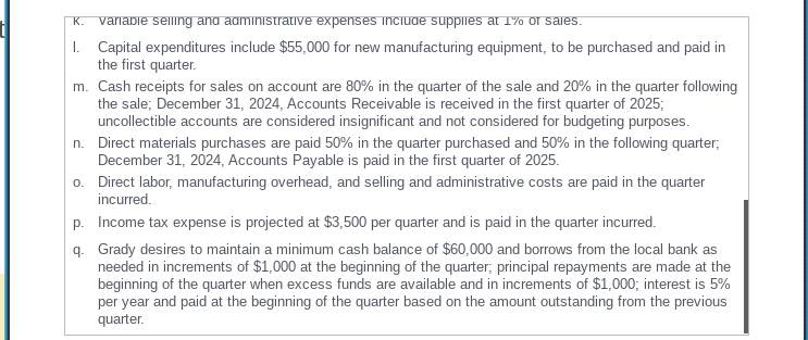 Requirement 1. Prepare Grady's operating budget and cash budget for 2025 by