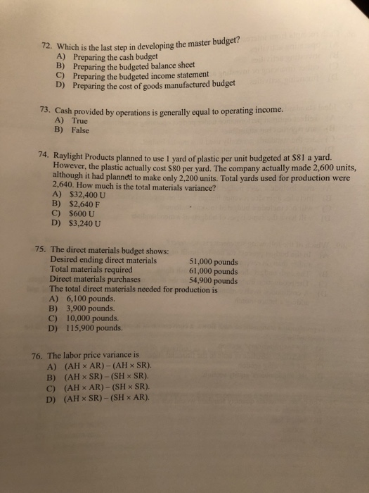  Which is the last step in developing the master budget? A)