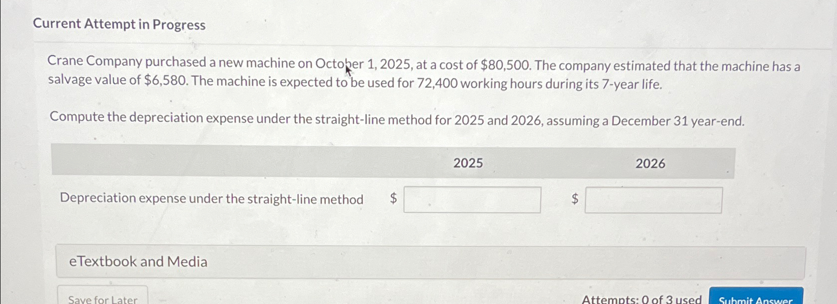  Current Attempt in Progress Crane Company purchased a new machine on