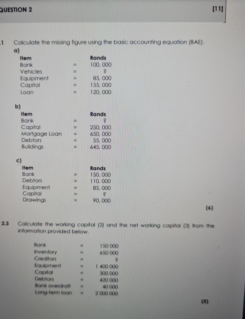  QUESTION 2 [11] 1 Calculate the missing figure using the basic