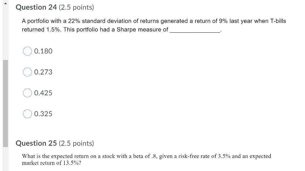 Question 24 (2.5 points) A portfolio with a 22% standard deviation