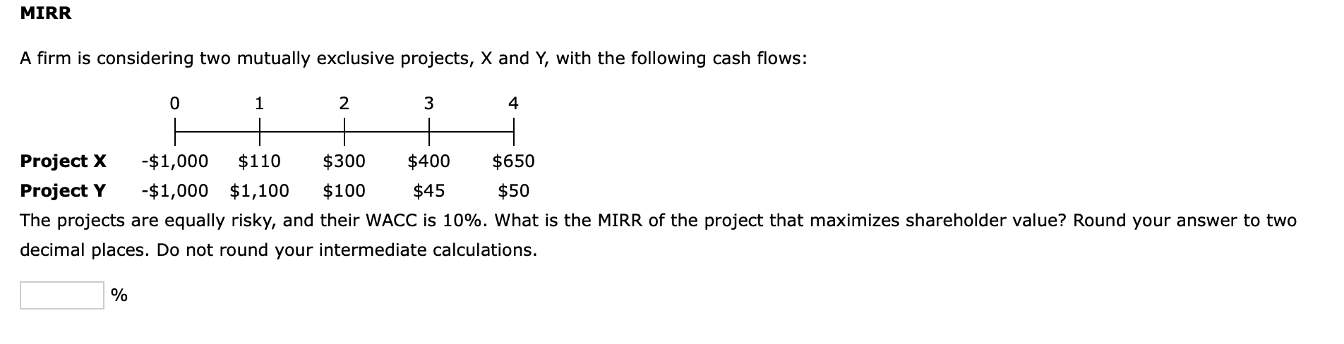 MIRR A firm is considering two mutually exclusive projects, X and