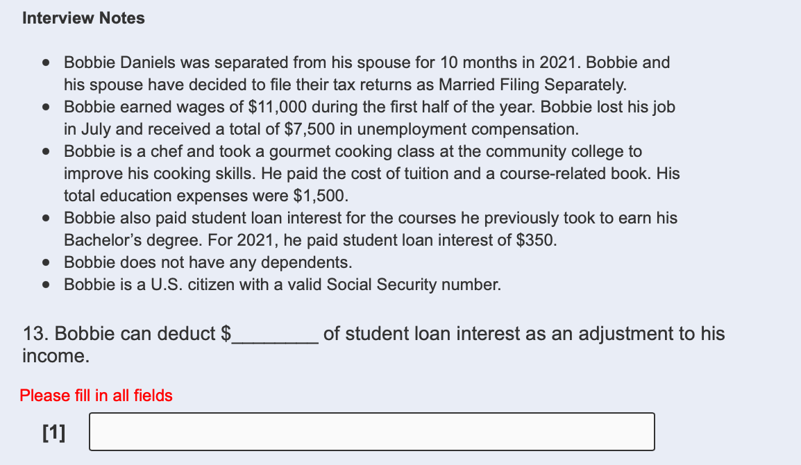 Interview Notes Bobbie Daniels was separated from his spouse for 10