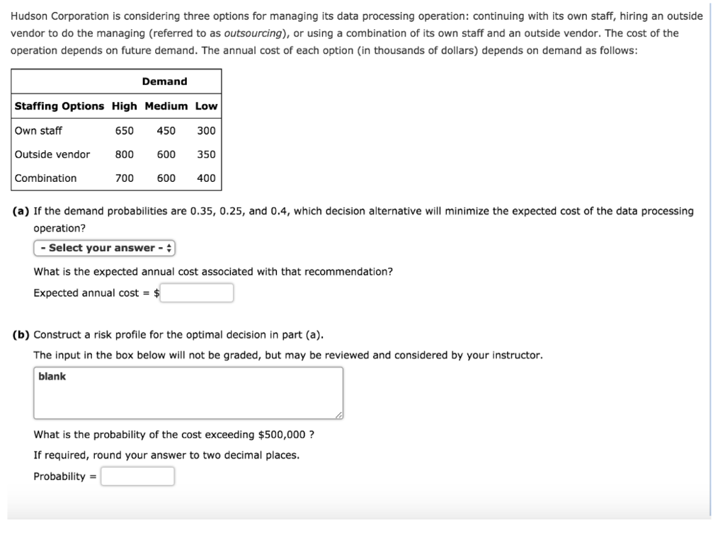 Hudson Corporation is considering three options for managing its data processing