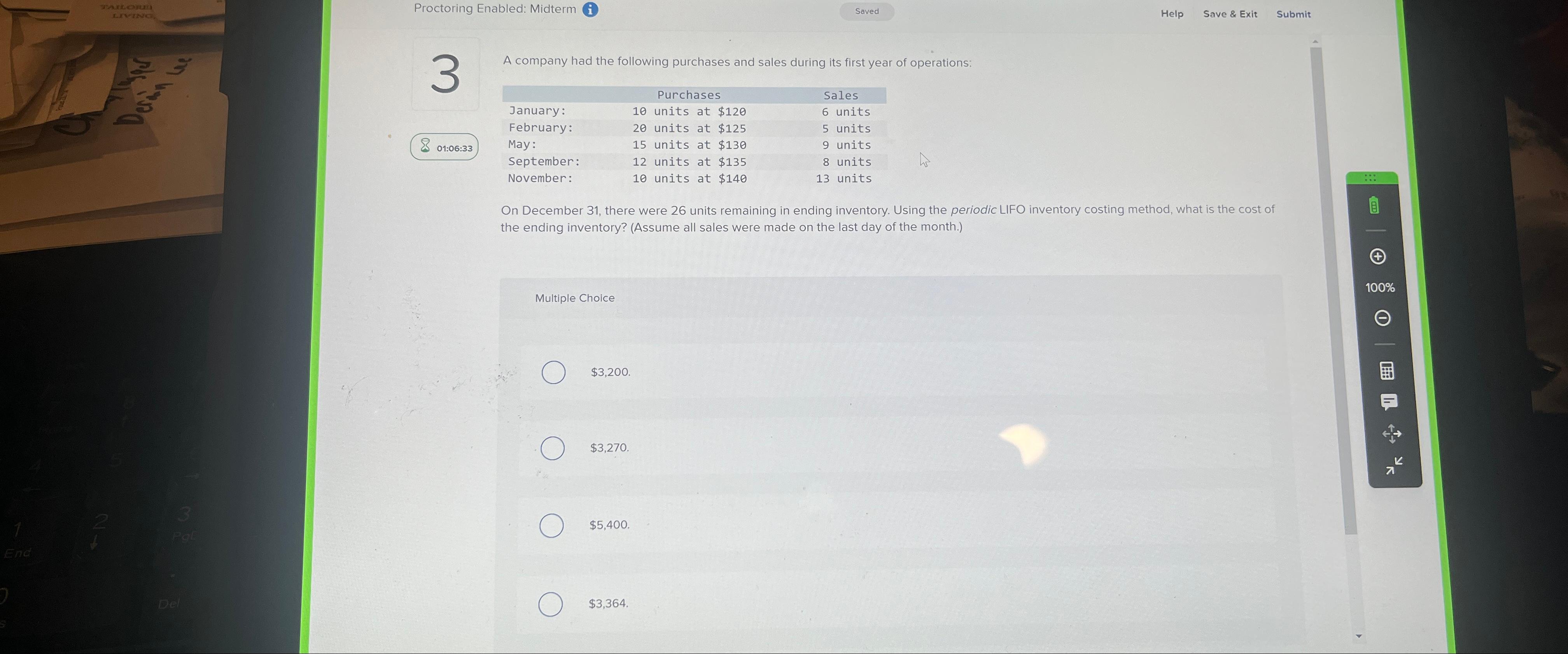  Proctoring Enabled: Midterm (i Saved Help Save & Exit Submit 3
