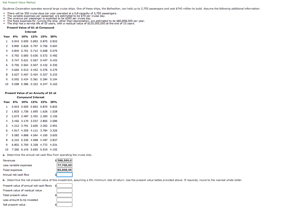Net Present Value Method Opulence Corporation operates several large cruise ships. One