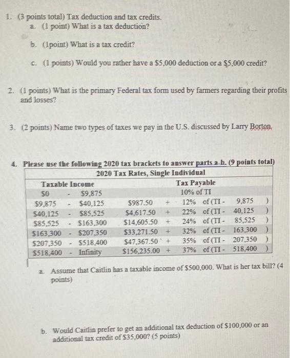 please help me calculate!! 1. (3 points total) Tax deduction and tax