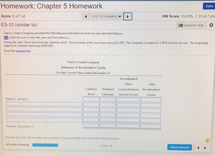  Homework: Chapter 5 Homework Score: 0 of 1 pt E5-10 (similar