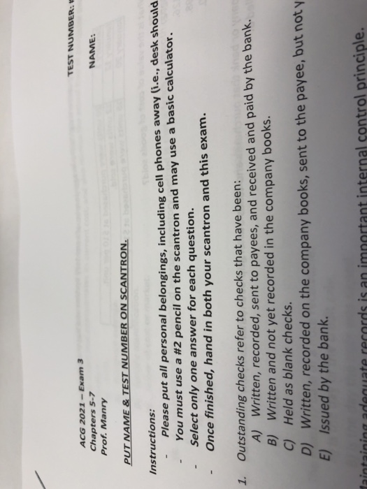  TEST NUMBER: # ACG 2021-Exam 3 Chapters 5-7 NAME Prof. Manry